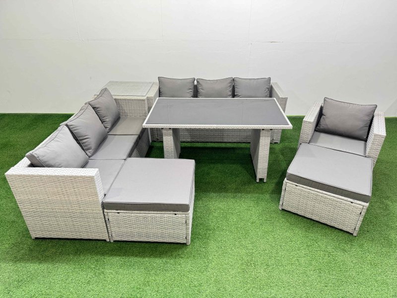 Fimous Patio Garden Furniture Sets with Black Glass Top Dining Table 3 Seater Sofa Armchair Side Table 2 Big Stool Light Grey