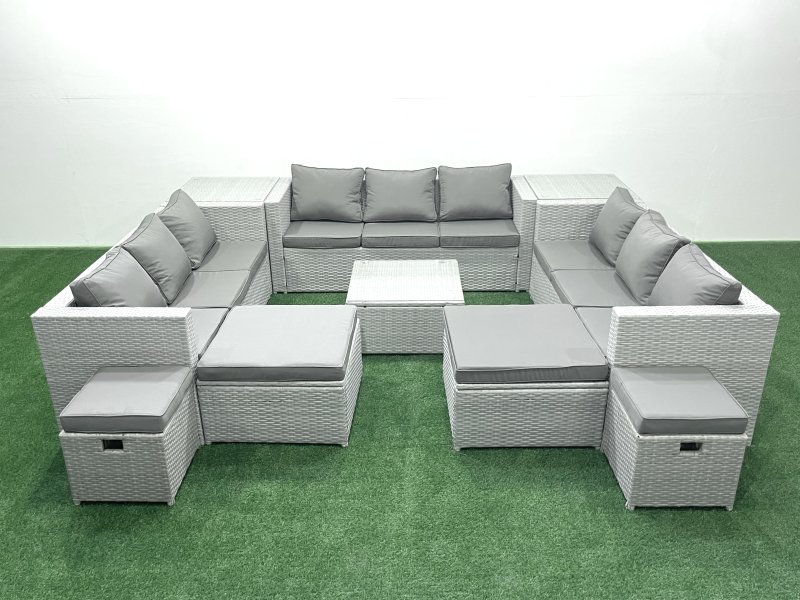 Fimous Garden Outdoor Furniture Set 14 Seater Rattan Sofa Set with 2 Side Tables 4 Footstools Light Grey Mixed