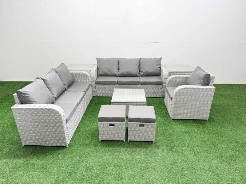 Fimous 9 Seater Poly Rattan Outdoor Garden Furniture Square Coffee Table Sofa Set Patio 3 Seater Sofa Reclining Chair 3 Seater Sofa Stools 2 Side Table Light Grey