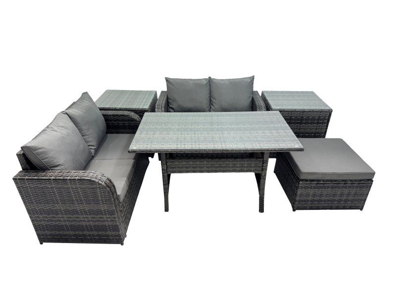 Fimous Wicker PE Rattan Garden Outdoor Furniture Set Love Sofa Dining Table Sets with 2 Side Table Big Stool Dark Grey Mixed