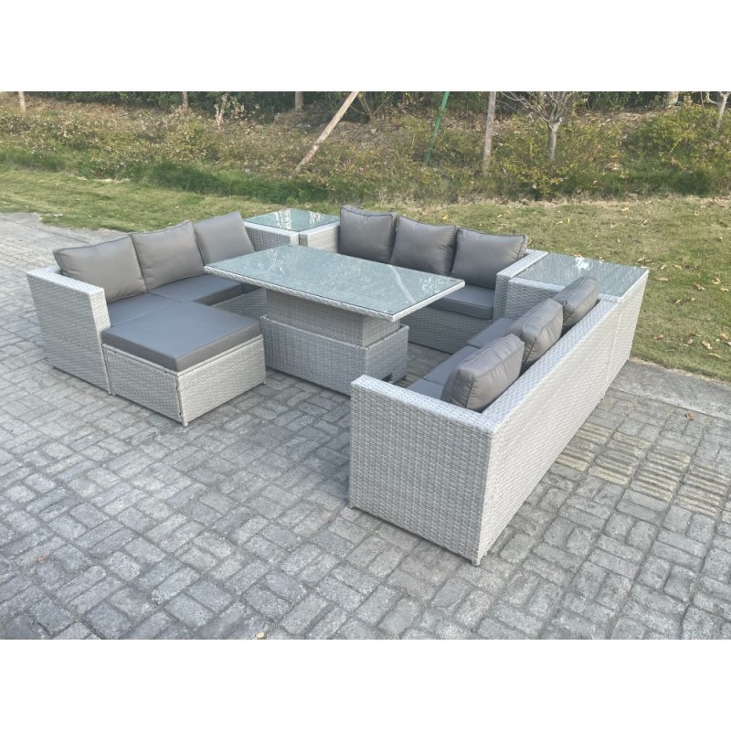 Fimous U Shape Lounge Rattan Garden Furniture Set Height Adjustable Rising Lifting Table Dining Set With 2 PC Side Coffee Table Footstool