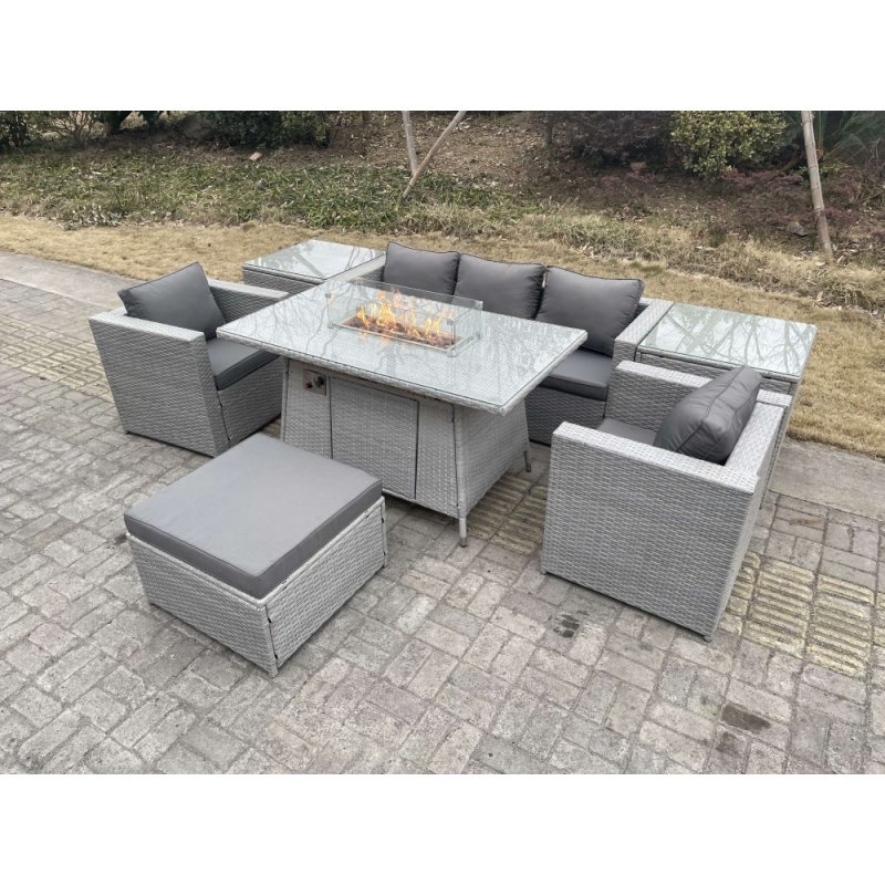 Fimous Rattan Garden Furniture Set Gas Fire Pit Lounge Sofa Chair Dining Set With 2 Side Table And 2 PC Arm Chair Footstool