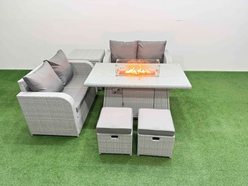 Fimous 6 Seater Outdoor Love Sofa Set Rattan Garden Furniture Set with Firepit Dining Table 2 Small Stools Side Table Light Grey