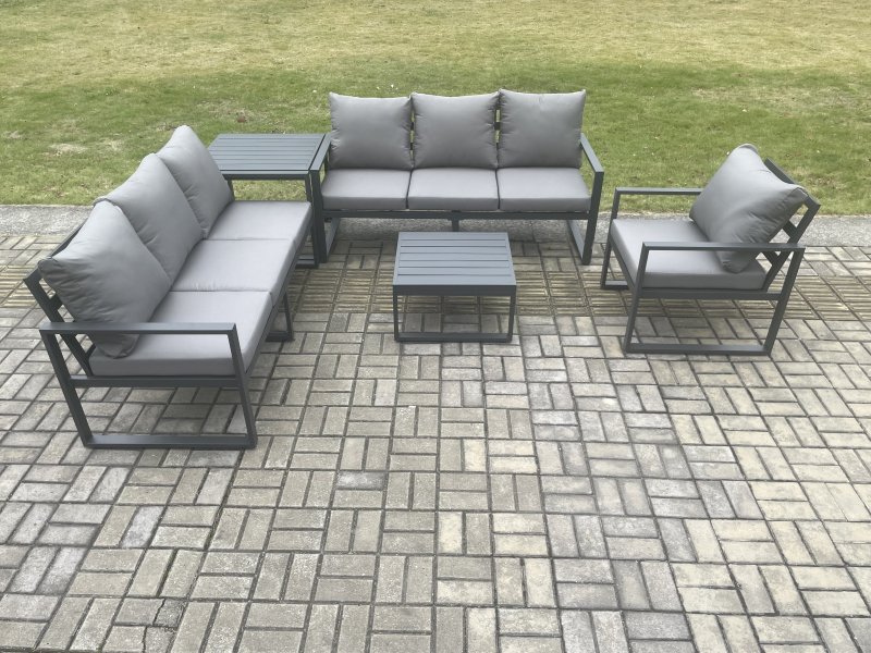 Fimous Aluminium 7 Seater Outdoor Garden Furniture Lounge Sofa Set with Square Coffee Table Chair Side Table Dark Grey