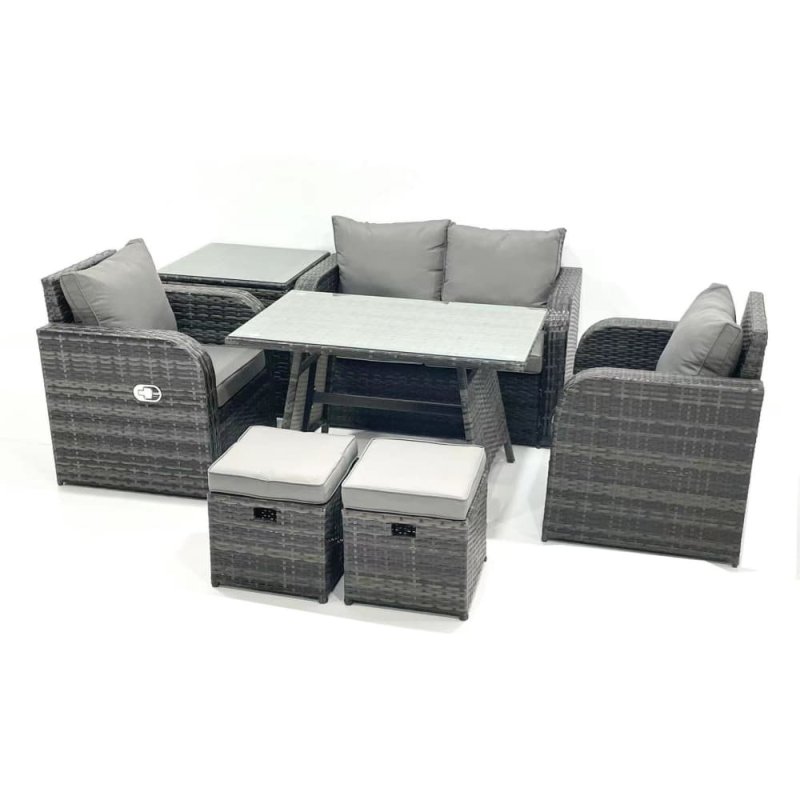 Fimous Outdoor Garden Furniture Set Rattan Sofa Dining Table Set with Reclining Chair Side Table 2 Small Footstool Dark Grey Mixed