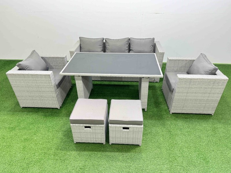 Fimous Patio Garden Furniture Sets with Black Glass Top Dining Table Armchair 3 Seater Sofa 2 Small Stool Light Grey