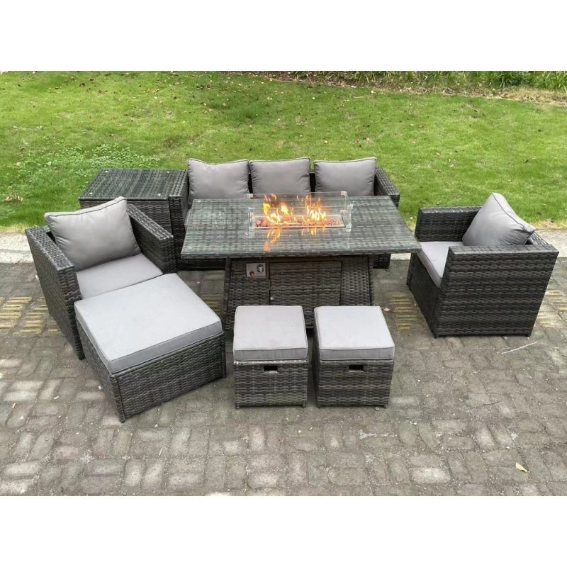 Fimous 8 Seater Wicker PE Rattan Garden Furniture Set Gas Fire Pit Dining Table Gas Heater Burner With 2 Armchairs Side Tables Footstools Dark Grey Mixed