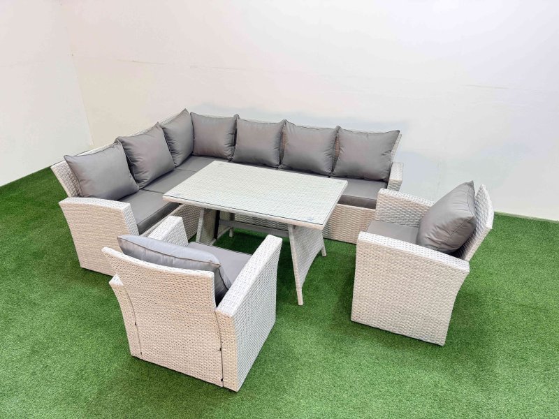 Fimous Garden Outdoor Rattan Furniture Set Rattan Corner Sofa Oblong Dining Table with 2 Armchairs Light Grey Mixed 8 Seater