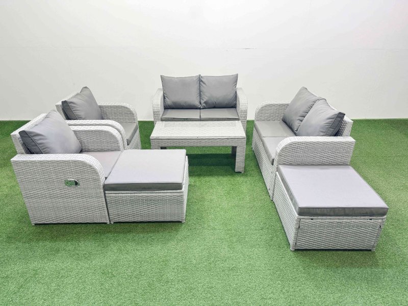 Fimous 8 Seater Outdoor Reclining Chair Love Sofa Set Rattan Garden Furniture Set with Oblong Coffee Table 2 Big FootStools Light Grey