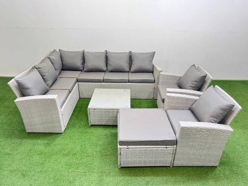 Fimous Outdoor Rattan Garden Furniture Set 9 Seater Corner Sofa Sets with Square Coffee Table Chair Big Footstool Light Grey Mixed