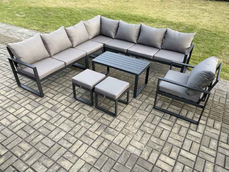 Fimous Aluminium Outdoor Garden Furniture Set Lounge Corner Sofa Chair Oblong Coffee Table Sets with 2 Small Footstools Dark Grey