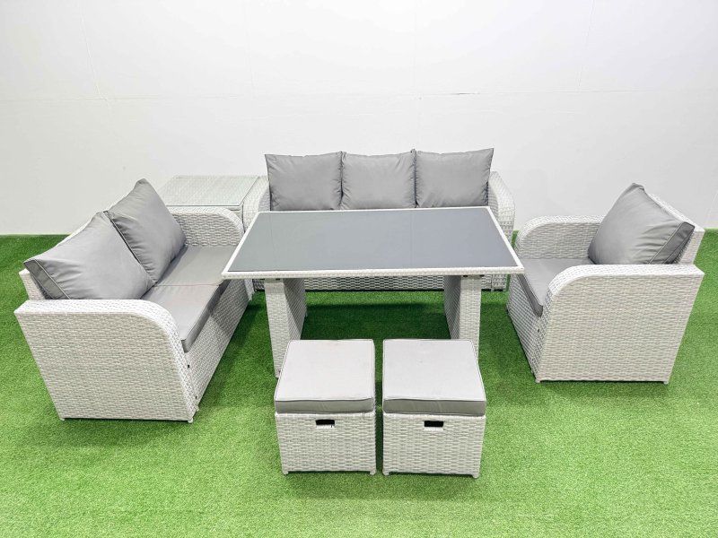 Fimous Rattan Outdoor Table Reclining Chair Sofa Set with Side Table 2 Small Stools Light Grey 8 Seater