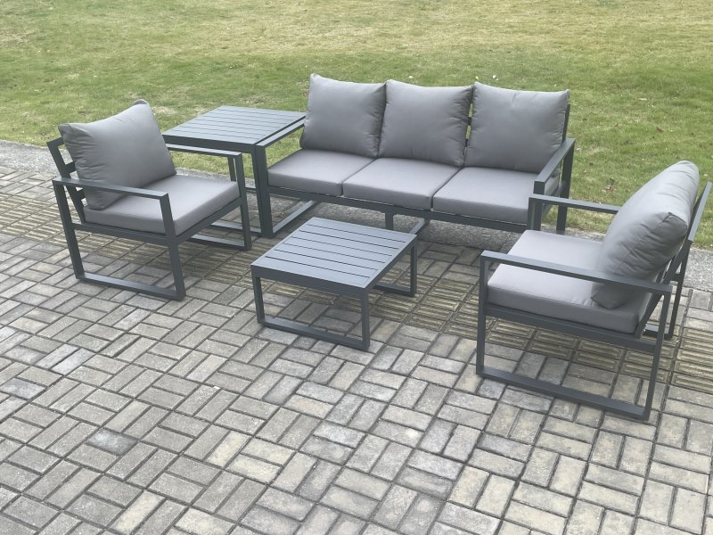 Fimous Aluminium Outdoor Garden Furniture Set Lounge Sofa 2 PC Chairs Square Coffee Table Sets with Side Table Dark Grey