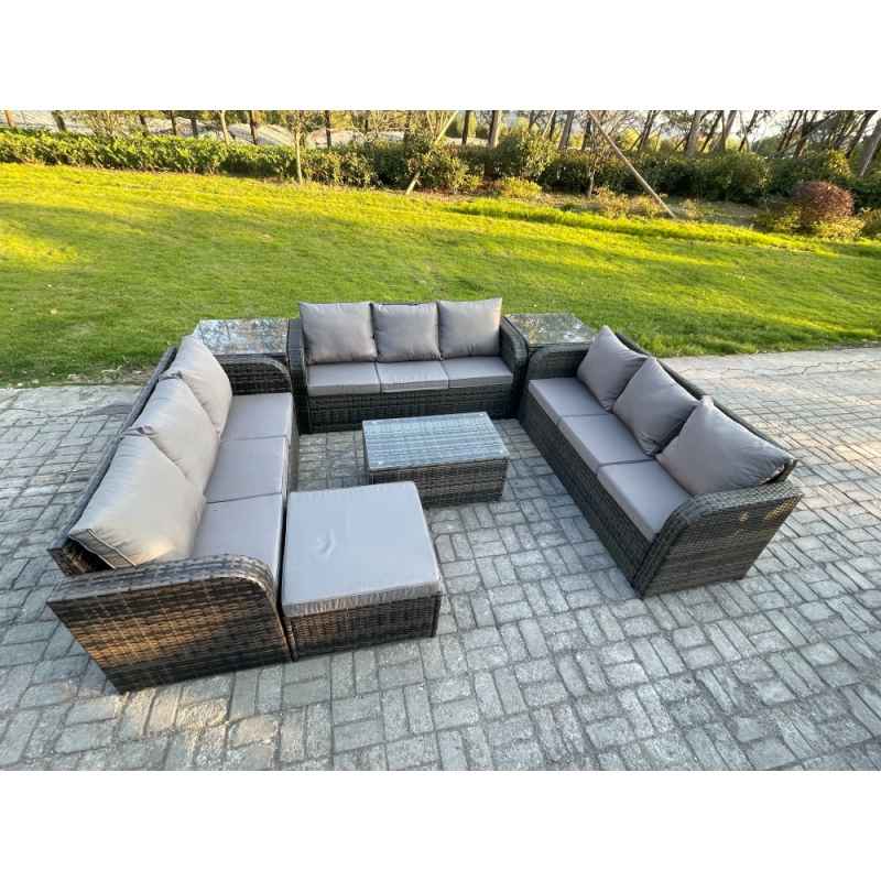Fimous Rattan Lounge Sofa Set 10 Seater Outdoor Garden Furniture Set with Rectangular Coffee Table 3 Seater Sofa 2 Side Tables Big Footstool Dark Grey Mixed
