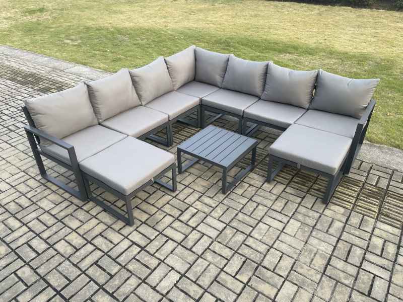 Fimous Aluminium Outdoor Garden Furniture Set Lounge Corner Sofa Square Coffee Table Sets with 2 Big Footstools Dark Grey