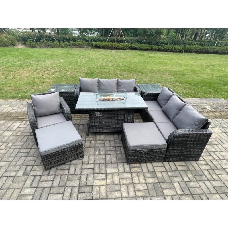Fimous 9 Seater Rattan Garden Furniture Set Gas Fire Pit Dining Table Reclining Chair 3 Seater Sofa Set Indoor Outdoor with 2 Side Tables 2 Big Footstool