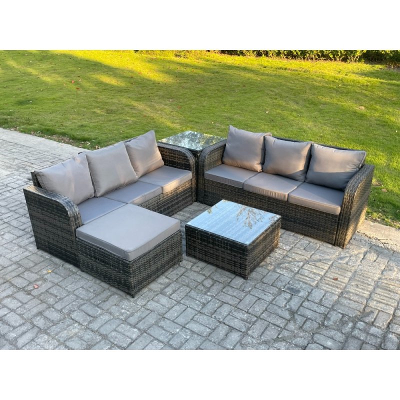 Fimous Indoor Outdoor Rattan Garden Furniture 7 Seater Set Table Sofa Chair Patio Conservatory with Grey Cushions Big Footstool Side Table
