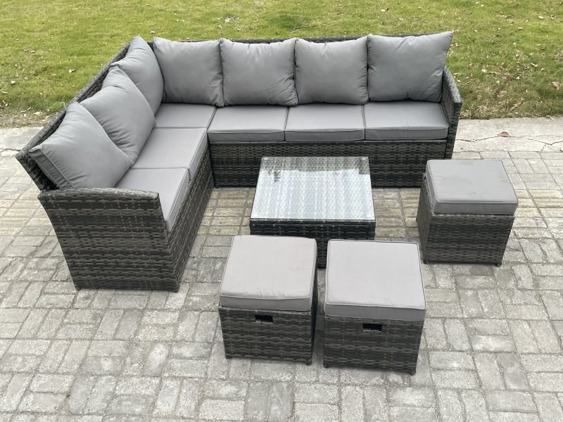 Fimous 9 Seater Outdoor Garden Furniture Set Wicker PE Rattan Corner Sofa Set with Square Coffee Table 3 Footstools Dark Grey Mixed
