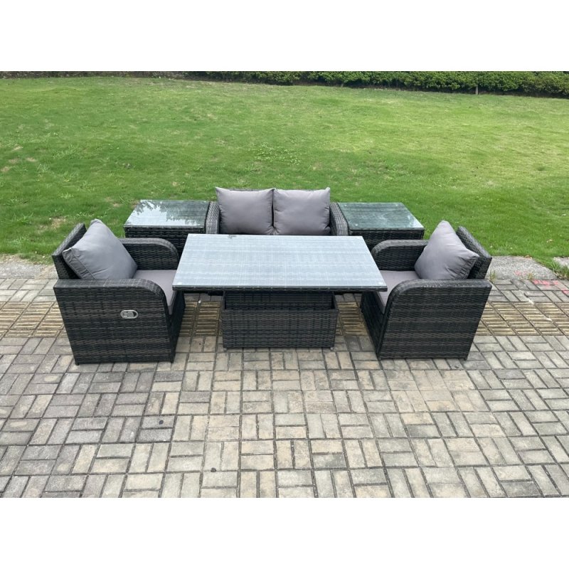 Fimous Outdoor Rattan Garden Furniture Set Height Adjustable Rising lifting Dining Table Love Sofa With 2 Side Tables Chair