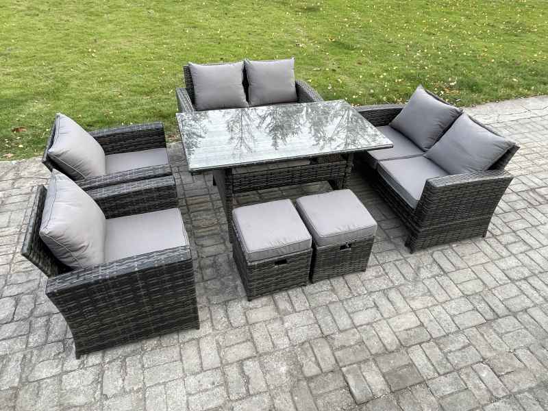Fimous Rattan Garden Furniture Set Patio Outdoor Lounge Sofa Set with Oblong Dining Table Double Seat Sofa 2 Small Footstools Dark Grey Mixed