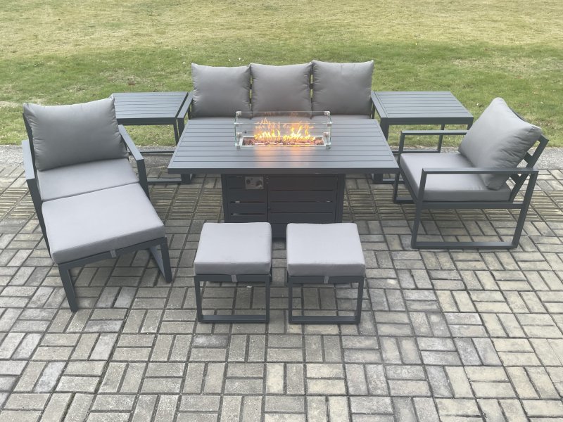 Fimous Aluminium Patio Outdoor Garden Furniture Lounge Sofa Set Gas Fire Pit Dining Table with 2 Side Tables 3 Footstools Dark Grey