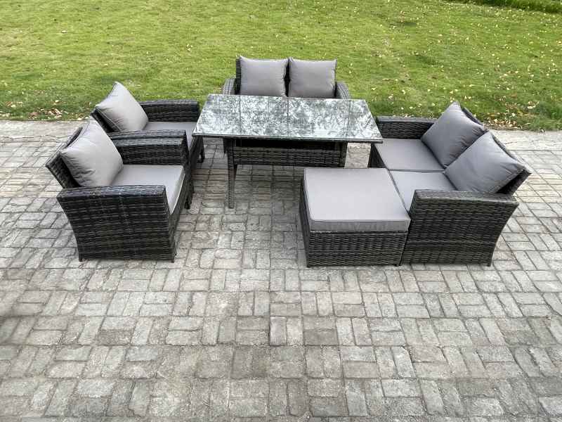 Fimous Rattan Garden Furniture Set 7 Seater Patio Outdoor Lounge Sofa Set with Oblong Dining Table Double Seat Sofa Big Footstool Dark Grey Mixed