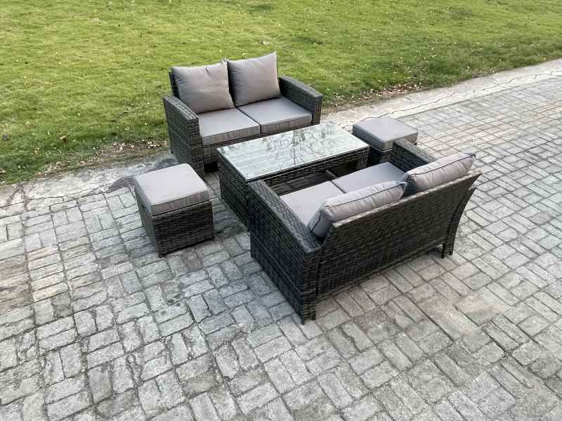 Fimous 5 Pieces Garden Furniture Sets Poly Rattan Outdoor Patio Furniture PE Wicker Furniture Set with 2 Small Footstool Loveseat and Table for Garden Backyard Dark Grey Mixed
