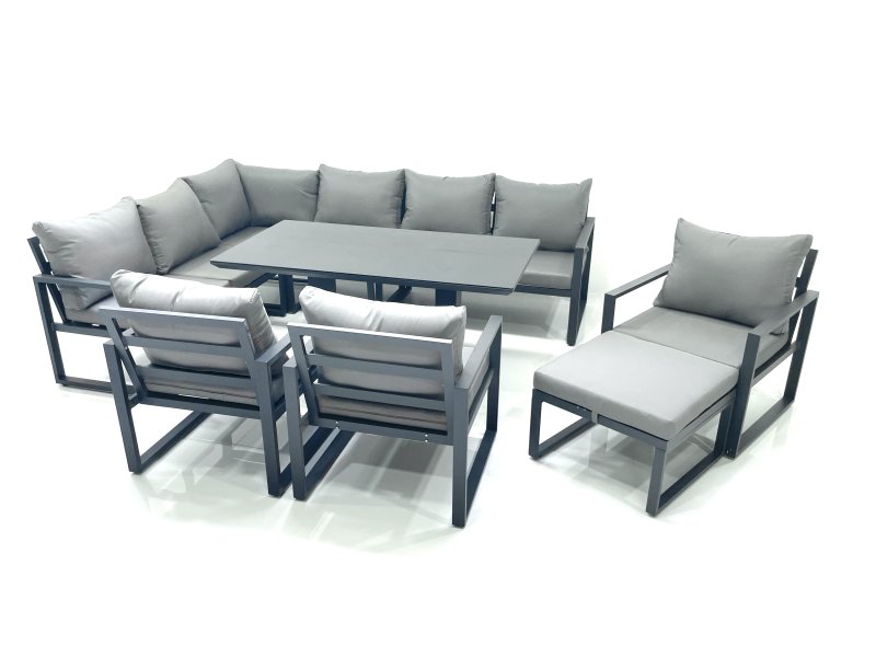 Fimous Aluminum Outdoor Garden Furniture Set Corner Sofa Big Footstool 3 Chairs Adjustable Rising Lifting Dining Table Sets Dark Grey