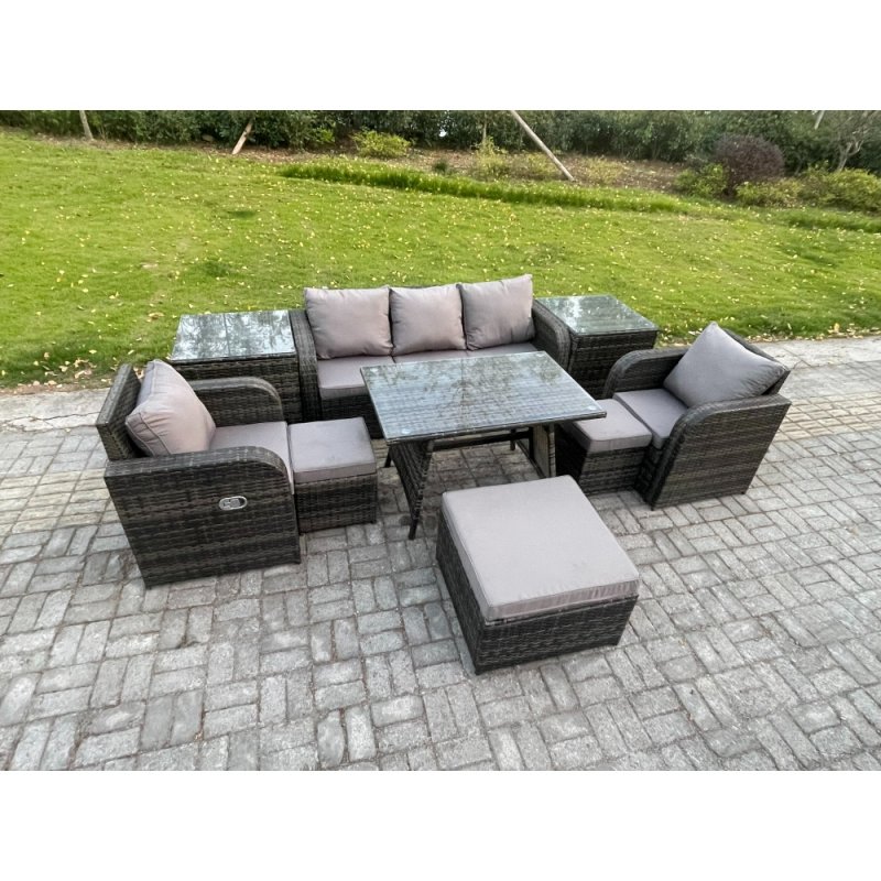 Fimous Rattan Wicker Garden Furniture Patio Conservatory Sofa Set with Rectangular Dining Table Reclining Chair 3 Seater Sofa 3 Footstools 2 Side Tables 8 Seater