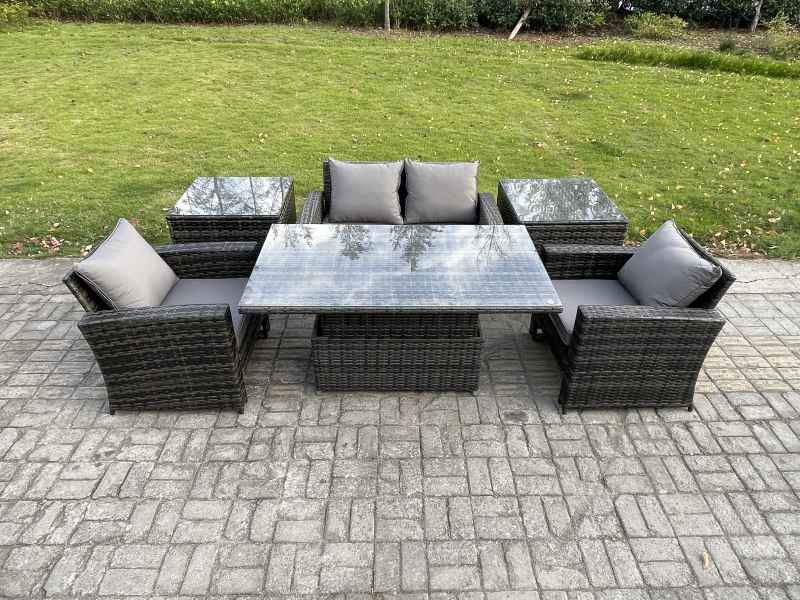 Fimous Outdoor Garden Dining Sets 4 Seater Rattan Patio Furniture Sofa Set with Rising Lifting Table 2 Side Tables Dark Grey Mixed