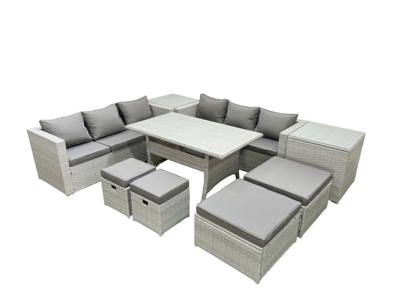 Fimous Rattan Garden Furniture Set Outdoor 10 Seater Patio Dining Sets with Glass Top Dining Table 2 Side Tables Light Grey Mixed