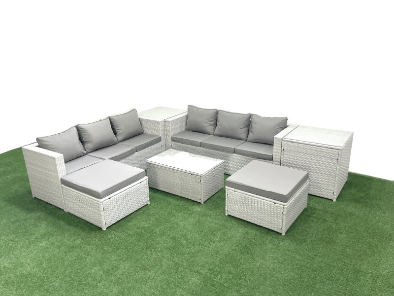 Fimous Garden Outdoor PE Rattan Furniture Set 8 Seater Rattan Garden Sofa Set with 2 Big Footstools 2 Side Tables Light Grey Mixed