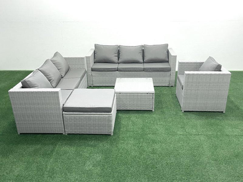 Fimous Wicker PE Rattan Sofa Garden Furniture Set with Armchair Square Coffee Table Big Footstool Light Grey Mixed