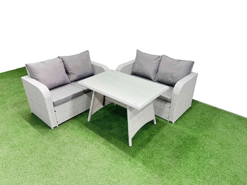 Fimous 4 Seat Outdoor Love Sofa Set Rattan Garden Furniture Set with Rectangular Dining Table Light Grey