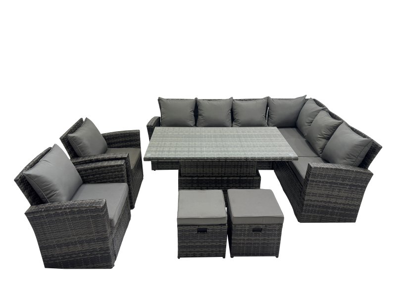 Fimous 10 Seat Rattan Garden Furniture Corner Sofa Set Outdoor Adjustable Lifting Dining or Coffee Table Set with 2 Small Footstools Dark Grey Mixed