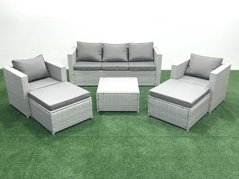 Fimous 7 Seater Rattan Garden Furniture Set with 3 Seater Sofa 2 Chair Square Coffee Table 2 Big Footstools Light Grey Mixed