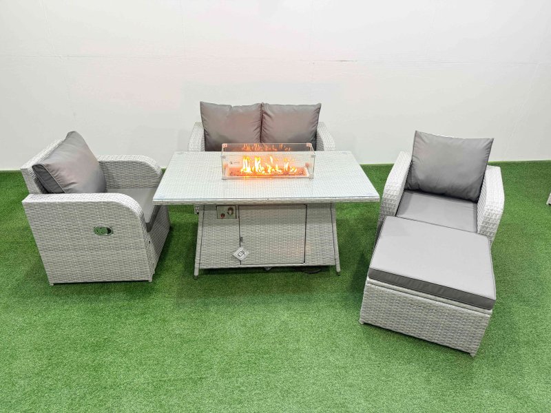 Fimous Light Grey PE Wicker Rattan Garden Furniture Set Sofa Set Reclining Chair Firepit Dining Table 5 Seater With Footstool