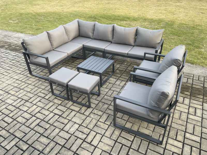 Fimous 10 Seater Aluminium Garden Furniture Set Outdoor Lounge Corner Sofa 2 Pcs Chair Square Coffee Table Sets with 2 Small Footstools Dark Grey