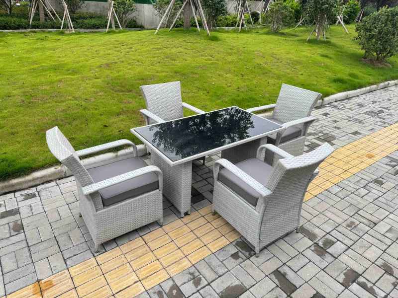 Fimous Light Grey Rattan Outdoor Garden furniture Set Black Tempered Glass Dining Table and 4 Chairs Set with Seat Cushion