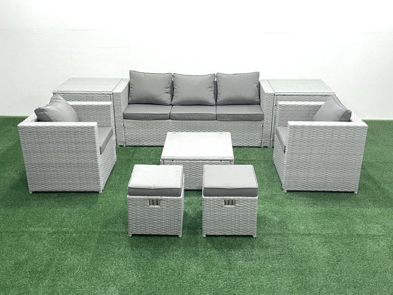Fimous 7 Seater Rattan Garden Furniture Set with 3 Seater Sofa 2 Chair Square Coffee Table 2 Small Footstools 2 Side Tables Light Grey Mixed