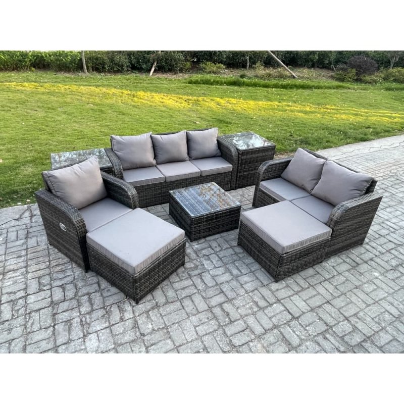 Fimous Indoor Outdoor Rattan Garden Furniture 8 Seater Set Table Sofa Chair Patio Conservatory with Grey Cushions 2 Side Tables 2 Big Footstool