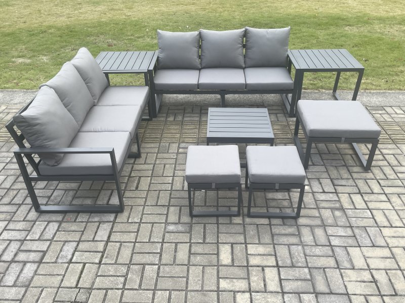 Fimous Aluminium 9 Seater Outdoor Garden Furniture Lounge Sofa Set with Square Coffee Table 3 Footstools 2 Side Tables Dark Grey
