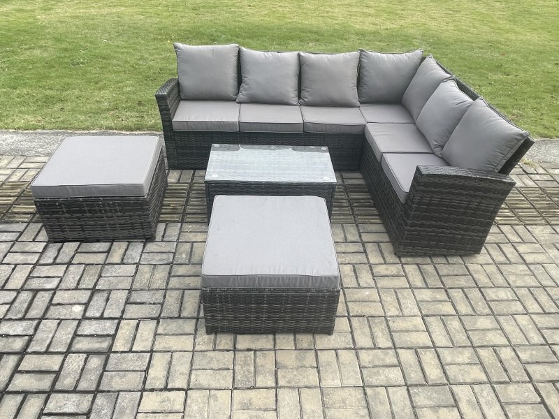 Fimous Wicker PE Outdoor Garden Furniture Set High Back Rattan Corner Sofa Set with Rectangular Coffee Table 2 Big Footstool
