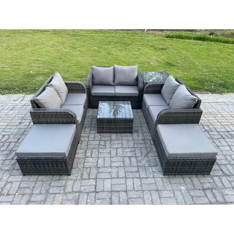 Fimous 8 Seater Outdoor Garden Furniture Sets Wicker Rattan Furniture Sofa Sets with Square Coffee Table Love seat Sofa 2 Big Footstool Side Table