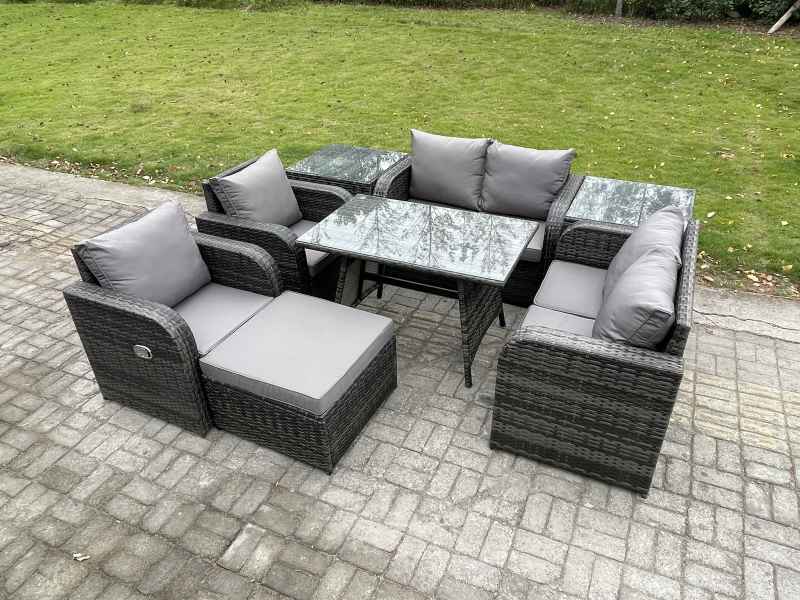 Fimous Wicker PE Rattan Garden Dining Set Outdoor Furniture Sofa with Rectangular Dining Table 2 Side Tables Big Footstool Dark Grey Mixed