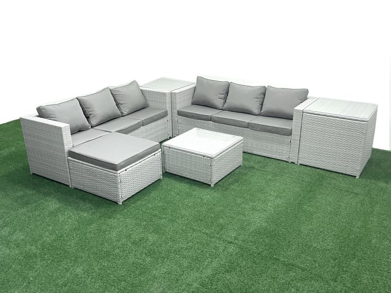 Fimous Rattan Garden Outdoor Furniture Set 7 Seater Rattan Garden Sofa Set with Big Footstool 2 Side Tables Light Grey Mixed
