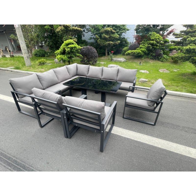 Fimous Aluminum Outdoor Garden Furniture Corner Sofa 3 Arm Chair Adjustable Rising Lifting Dining Table Set Dark Grey 10 Seater