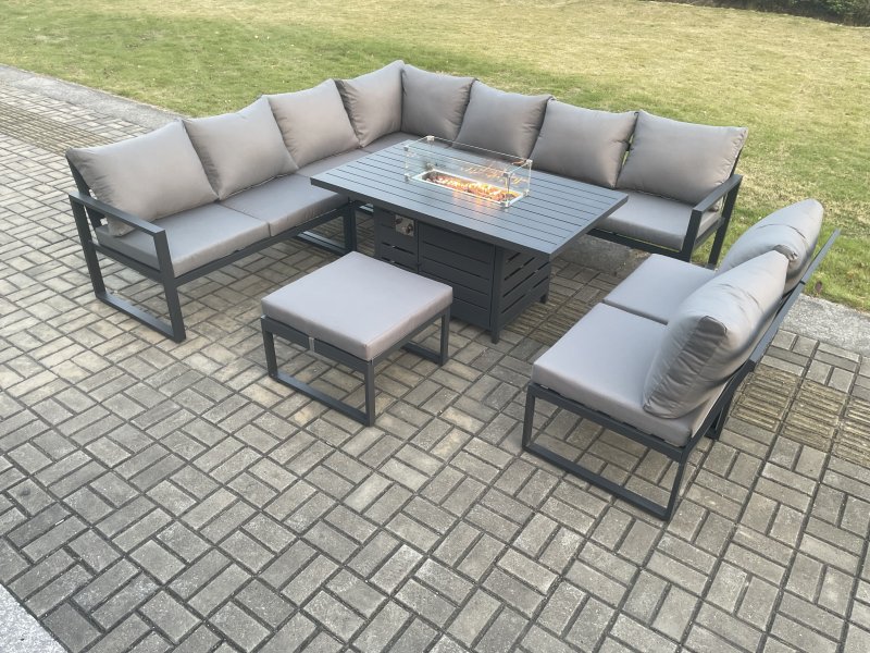 Fimous Aluminium 10 Seater Lounge Corner Sofa Outdoor Garden Furniture Sets Gas Fire Pit Dining Table Set with Big Footstool Dark Grey