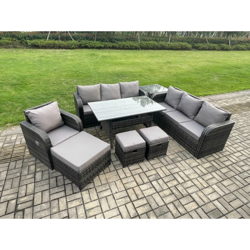 Fimous 10 Seater Outdoor Rattan Garden Furniture Set Oblong Rectangular Dining Table and Chairs Set with 3 Seater Sofa 3PC Footstools Side Table Dark Grey Mixed