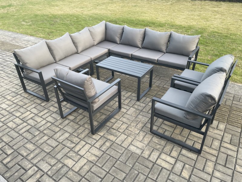 Fimous Aluminium Patio Outdoor Garden Furniture Lounge Corner Sofa Set with Oblong Coffee Table 3 Chairs Dark Grey